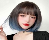 Peruca feminina curta cabelo bobo preto alteração gradual haze azul wave tampa de cabeça inteira