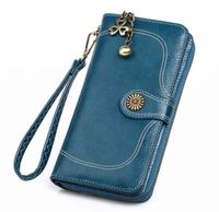 Retro yağ balmumu deri kadın uzun fermuarlı telefon çantası yağlı madeni para klip kartı paketi çoklu büyük kapasiteli cüzdan