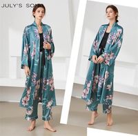 Julio 039S Canción 3pcs Mujeres Pajamas Set Floral Impresión Long Pajama traje de satén satén