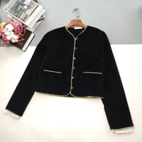 Nueva chaqueta superior para mujeres Velvet Retro Style Coat Pure Black with Gold Yellow Gold Canfed Round Sense