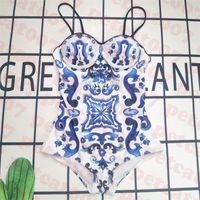 Blue Pattern Swimwear Push Up Bikini Têxtil Sling One Piece Swimsuit para mulheres Vintage Ladies Swim Wear