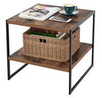 Mesa de café de cabeceira de mesa lateral industrial quadrada com 2 camadas de madeira com efeito de metal mobiliário vintage durável