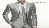 Silbergrau Satin Hochzeit M￤nner Anzug 2019 formelle d￼nne stilvolle m￤nnliche Blazer Party Custom Smoking 3 St￼ck Vestidos Mens Suits4254652