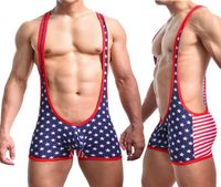 s Bolysuit American Flag Grande bolsa de pênis impressa para suspensório de macacões Suspender Singlet Leotard Sexy Men Clothes Cotton