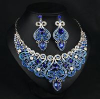 Yüksek kaliteli Kraliyet Mavi Kristaller Düğün Gelin Takı Aksesarları Set Küpe Kolye Kristal Yapraklar Tasarımı Sahte İnciler