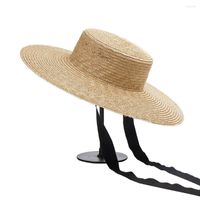 넓은 챙 모자 12cm 해변 모자 여성 밀짚 보트 롱 리본 레이스 업 파티 UV 보호 여름 태양