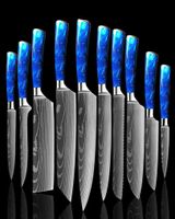Kitchen Knife Set 10 pièces Chef couteau professionnel japonais 7cr17 Laser en acier inoxydable Damas Damas couteau tranchant Santoku Blue Resin H2482438