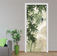 3D Kapı Sticker duvar duvar kağıdı el boyalı bambu orman kuş resim duvar çıkartmaları yatak odası oturma odası etiketleri ev dekor 220426