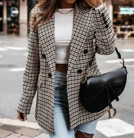 Kadın Suits Kadın Ekose Blazer Çift göğüslü Cep Dekorasyonu Renk Bloğu Blok İlkbahar ve Sonbahar Giysileri 2022 Stil Yüksek Kalitesi