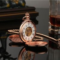 Relojes de bolsillo Hombres de acero inoxidable Reloj mec￡nico Skeleton Dial de oro Luxury Doble cara doble Viento romano Cadena de alimentaci￳n masculina