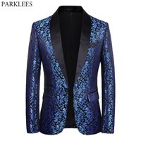 Men' s Suits Blazers Luxury Royal Blue Floral Blazer Sui...