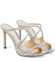Berühmte Marke Anis Glitter Sandals Schuhe Frauen Mesh Square-Toe Mules Cross Riemchen Lady High Heels Party Hochzeit elegante Hausschuhe EU35-43 mit Box