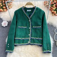 Jackets para mujeres A mujeres 2022 mujeres oto￱ales de oto￱o tweed follet￳n de moda coreana damas elegantes color verde en v-cuello sencillo de pecho