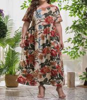 Plus -Size -Kleider 2022 Sommer lange Kleid Frauen Baumwolle und Leinen O Hals kurzärmelig Blumendruck Casual Clothing Echm22