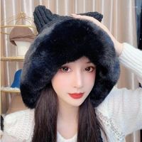 Beralar kış sevimli kedi kulakları kadınlar peluş kalınlaştırılmış örgü taklit kürk püsküllü kız kaba kız kaba şapka açık sıcaklık siyah