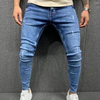 Jeans masculinos Men calças elásticas zíper Ripped Streetwear Autumn