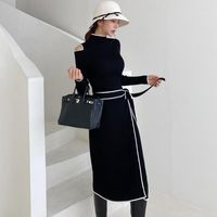 L￤ssige Kleider Landebahn Herbst Winter Schwarz Strick Pullover Koreanische Damen Langarm sexy warm warmes Partyb￼ro f￼r Frauenkleidung
