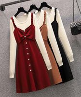Artı boyutu elbiseler Ehqaxin Sonbahar Kış Kadınları Örme Kontrast Renk Dikiş Sling Kazak Düğmesi Aline Elbise L4XL ECHM22