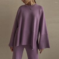 Kadınların İki Parçası Pantolon 2022 Kadın Sonbahar Tembellikleri Gevşek Sıcak Sweater Seti Örgü O yakalı Sweaters Dantel-up Elastik Bel Yarık Örgü
