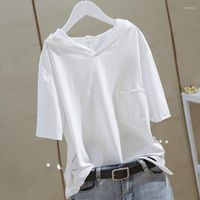 Camisetas de las camisetas de algodón de algodón Camisetas para mujeres de verano bolsillo encapuchado suelto sólido sólido