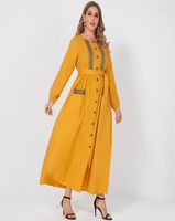 Robes de taille plus mode antique en jaune tissé ruban et ethnique de broderie Coux de coutures à manches longues Femme de vacances Echm22