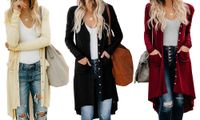 Women' s long trench coat Button Down High Low Solid Kni...