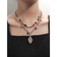 Anhänger Halsketten doppelt geschichtetes natürliches Tiger Steinkristall Perlen Halskette Frauen Metallkette Schwere Industrie Mode Schmuck Schmuck