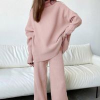 Womens Two Piece Pants Pink Knitted Suit Soft Turtleneck Lon...