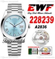 EWF DayDate 228398 A2836 자동 남성 시계 시계 광택 베젤 아이스 블루 다이얼 실버 로마 마커 회장 팔찌 동일한 직렬 카드 슈퍼 에디션 TimezoneWatch G7