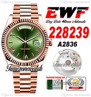 EWF DayDate 40 228235 A2836 자동 남성 시계 로즈 골드 플루트 베젤 그린 다이얼 로마 마커 대통령 팔찌 동일한 직렬 카드 슈퍼 타임 워치 C3