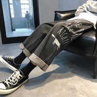 Herren Jeans Herren Herbst High-Taisten schwarzer, schlanker Hosen mit geradem Bein loser koreanischer Schüler Druckweitbein weiblicher Trend