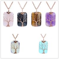 Rero Natural Stone Crystal Tree of Life Pendant Necklace Squ...