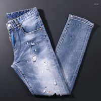 Herren Jeans Streetwear Pria Mode Retro Cahaya Biru Elastis Ramping Fit Rbek Dicat Desainer Hip Hop Celana Denim Hombre