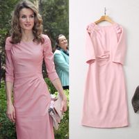캐주얼 드레스 품질 프린세스의 이른 가을 2022 여자 드레스 둥근 목과 7 점 슬리브 핑크 슬림 핏 허리 주름