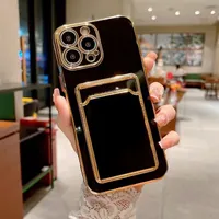 Bling Card Cep Kılıfları İPhone 14 Plus Pro Max 13 12 11 XR XS X 8 7 Yumuşak TPU Lüks Krom Krom Kredi Kimliği Yuvası İnce Delik Kamera lens Koruyucular Telefon Geri Kapak