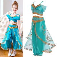 Mavi stil kızlar yasemin cosplay 2 adet kıyafetler seti güzel yeşil ve altın prenses elbise kız parti sahne dans giyim