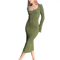 Sıradan Elbiseler Douhoow Kadınlar Sonbahar Kılıf Elbise Uzun Kollu Örgü Düz Renk Kare Boyun İnce Mid-Malf Bayanlar için Toptan
