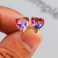 Stud Earrings Luxury Female Rainbow Crystal Stone Yellow Gol...