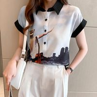 Женская блузская корейская рубашка Женская модная печать повседневная блузка лето с коротким рукавом шифона плюс размер