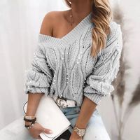 여자 스웨터 여성 스웨터 풀오스 가짜 진주 긴 소매 v- 넥 니트 풀오버 두꺼운 스웨터 셔츠 블라우스 봄 가을