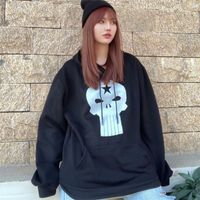 Sweat à capuche pour femmes Top de mode coréen Dark Goth Dame Cartoon Skull Imprimé à manches longues Black Gothic Girl Pullover Sweethirts à capuche