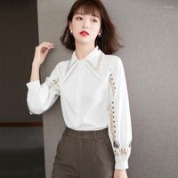 Kadınlar bluzlar şifon kadın bluz nakış ince fit gömlek yaz uzun kollu üst rahat moda beyaz 2022 Kore tarzı giyim