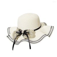 Chapéus largos da borda Summer Bowknot Sun Hat Hat portátil dobrável Protetor solar ao ar livre Praia feminina Moda de moda respirável panamá babado