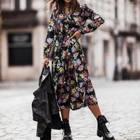 Frauen Badebekleidung Vintage Blumendruck Maxi Kleid Frauen Herbst Langarm gekn￶pfte Lappel -Hemd Kleider B￼ro Damen Casual Chiffon Coverup
