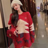 Kadın Sweaters 2022 Noel Ağacı O Boyun Kadın Örme Krover Vintage Gevşek Jumper Festival Uzun Kollu Üstü Kadın Sweater