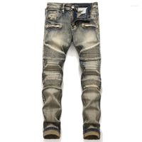 Jeans pour hommes r￩tro couture mode mince pliss￩e extensible denim Hip Hop Biker Pantal