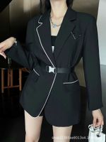 여자 정장 블레이저 가을 새로운 삼각형 단일 칼라 포켓 입구 색상 대비베이스 스트라이프 디자인 벨트 슈트 코트