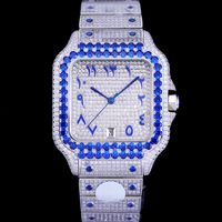 실버 CZ 다이아몬드 시계 남자 고급 시계 블루 베젤 아랍어 숫자 Missfox Square Automatic ETA8215 Movement Full Iced Out Crystal Zircon Wristwatch와 상자
