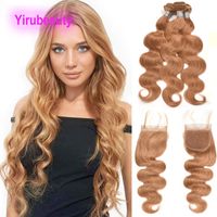 Brazilian Human Hair 3 Bundles With 4X4 Lace Closure 27# Color Body Wave Indian Virgin Hair Wefts 10-34inch