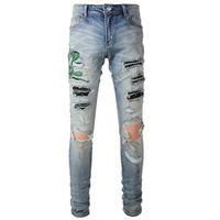 Blue Fall Animal Snake Embroidery Patchwork Jeans Hombre Mot...